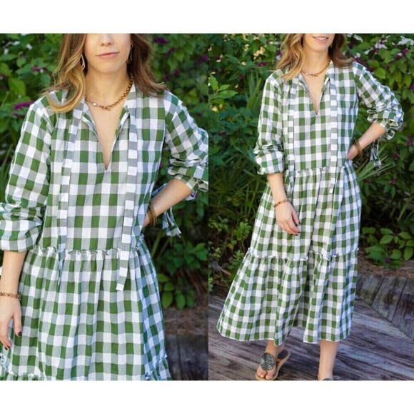 LJC Designs Bellagio Cotton Green Gingham Plaid Peasant Midi NEW Pullover Dress - Picture 4 of 10